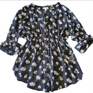Vintage Y2K BONGO Semi Sheer Flowy Whimsical Daisy Print Rolled Cuff Blouse Sz M